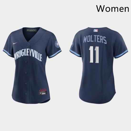 Chicago Cubs 11 Tony Wolters Women Nike 2021 City Connect Navy MLB Jersey